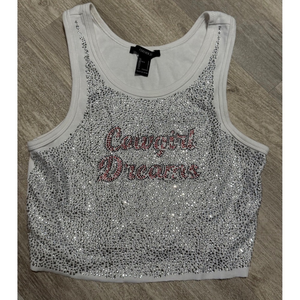 Forever 21 Cowgirl Dreams Rhinestone Ribbed Crop Tank Top White‎ Large